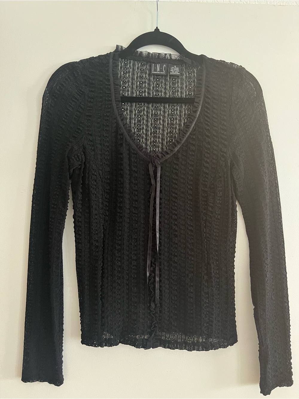 INC International Concepts Black Sheer Tie-Front Long Sleeve Top